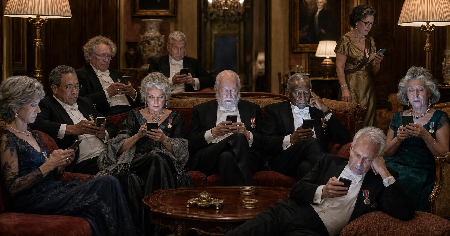 A group of Nobel laureates in formal eveningwear lounge in an opulent salon, each absorbed in a smartphone and ignoring everyone else.
