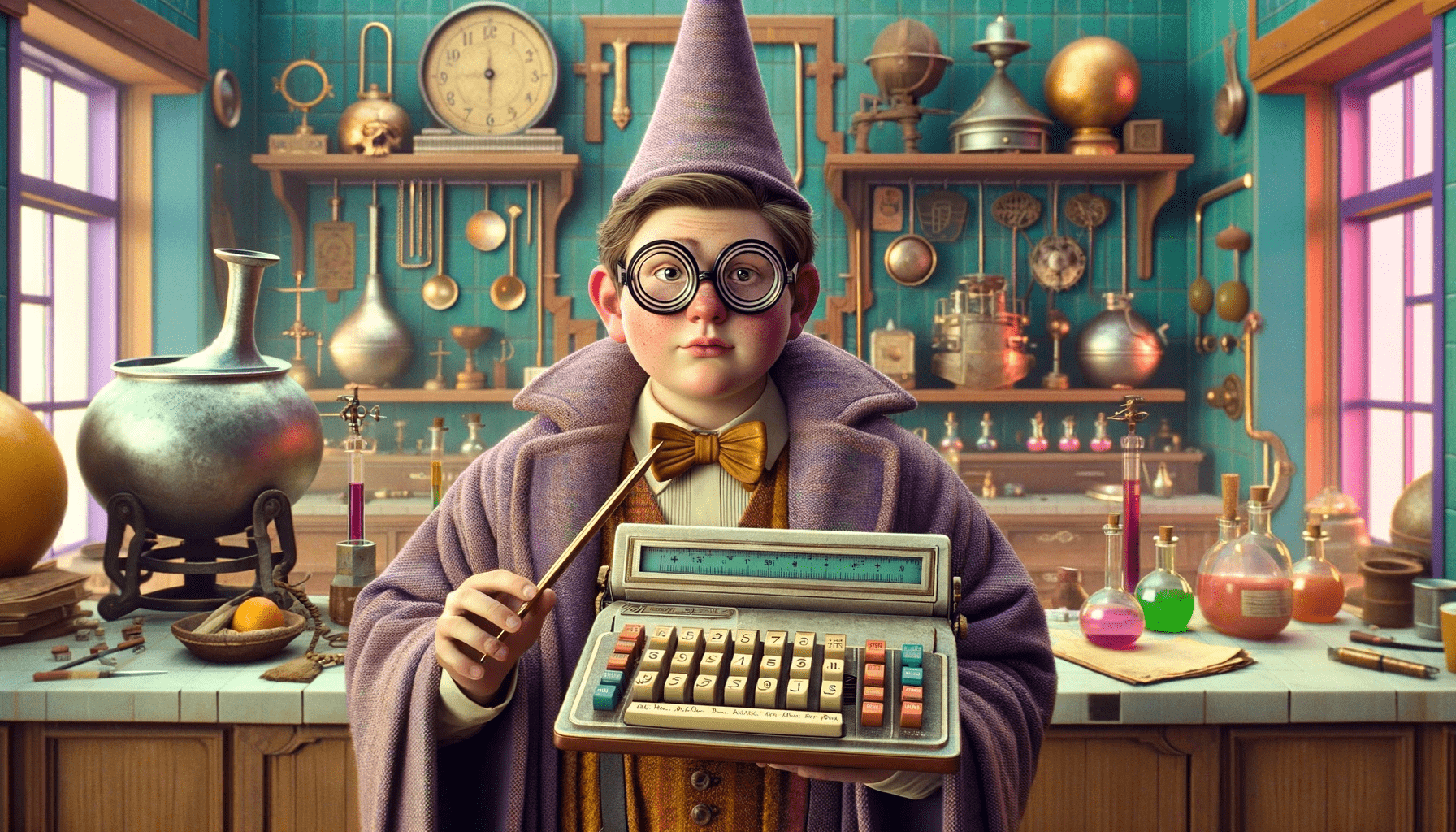 A Wes Anderson-style alchemist's kitchen tailored for artificial intelligence, featuring a pimply-faced boy with his slide rule and antique computer.
