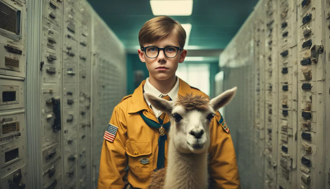 Perfect HDR portrait shot in the style of Wes Anderson. A boy scout wearing glasses looking into the camera in a vintage computer room and holding a llama on a leash.