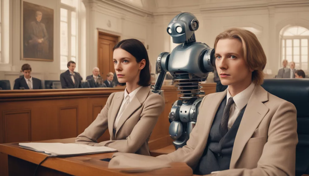 Lawyers and a robot in a European courtroom.
