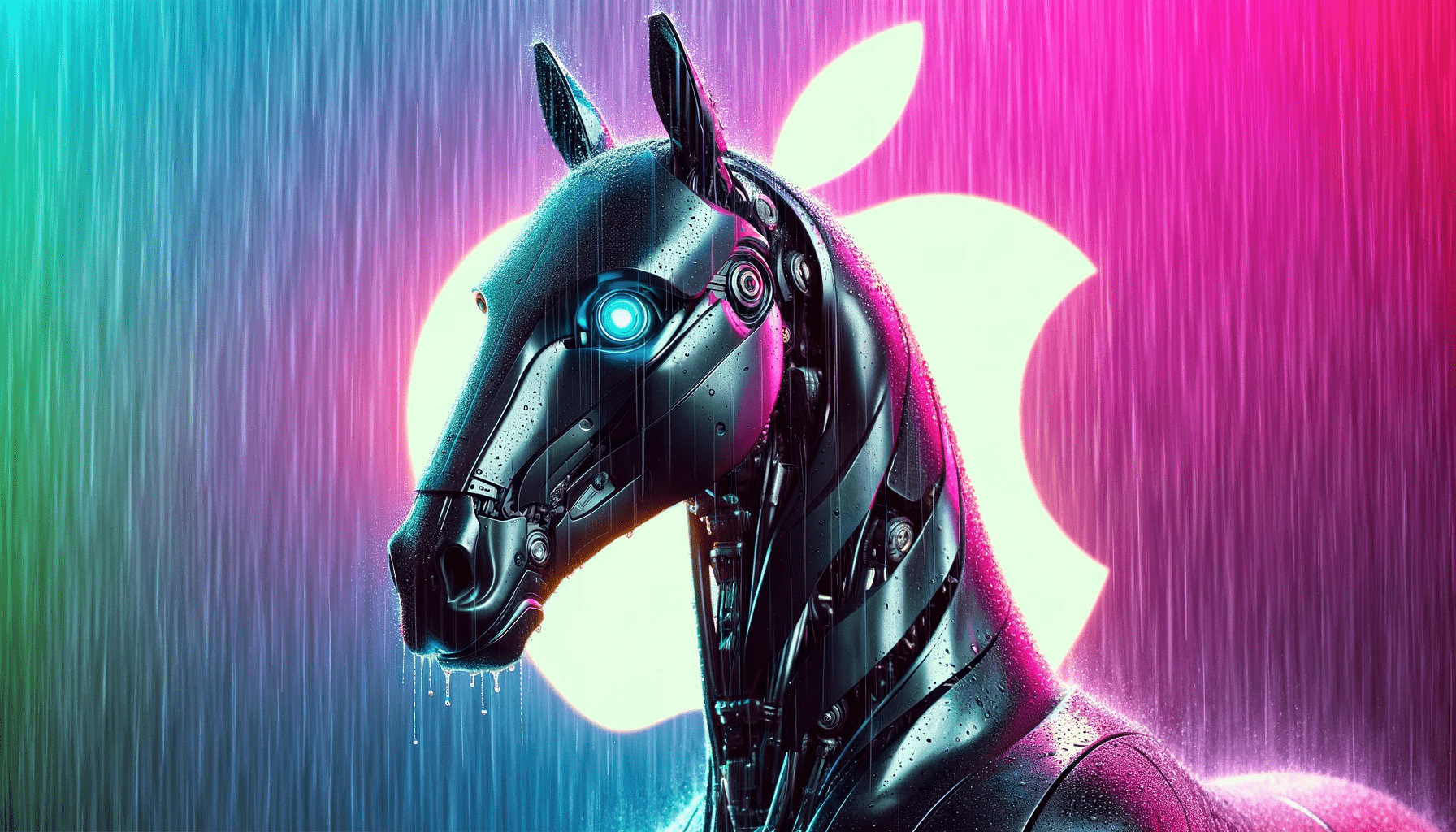 Black Cyber Horse in the rain with Apple Logo in the background.