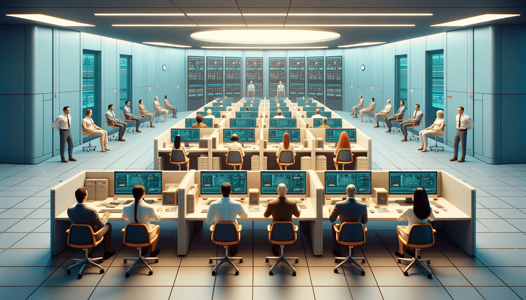 The image features a modern IT security command center, styled in the distinct Wes Anderson aesthetic. In the foreground, a diverse group of individuals is positioned frontally, facing the viewer. They are symmetrically arranged, with each person attentively working at their computer stations. The command center is characterized by a pastel color palette, adding a whimsical yet sophisticated touch typical of Anderson's films. In the background, large computer screens display various cybersecurity data. The entire scene is meticulously organized, blending a professional atmosphere with artistic flair.