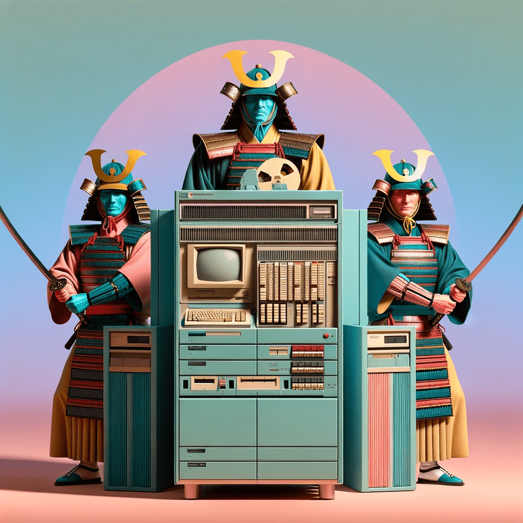 High-resolution image created in the style of a Wes Anderson film, depicting three samurai protecting a vintage mainframe computer.