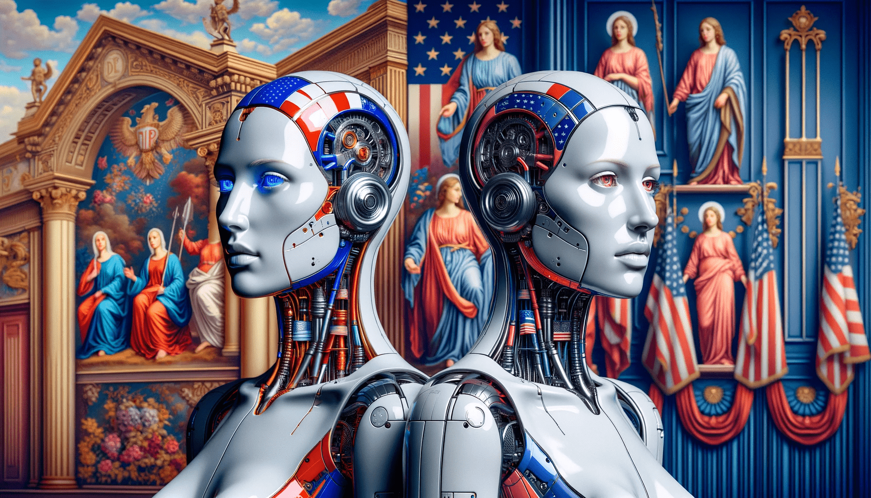 Two female cyborgs, each distinctly representing European and American styles