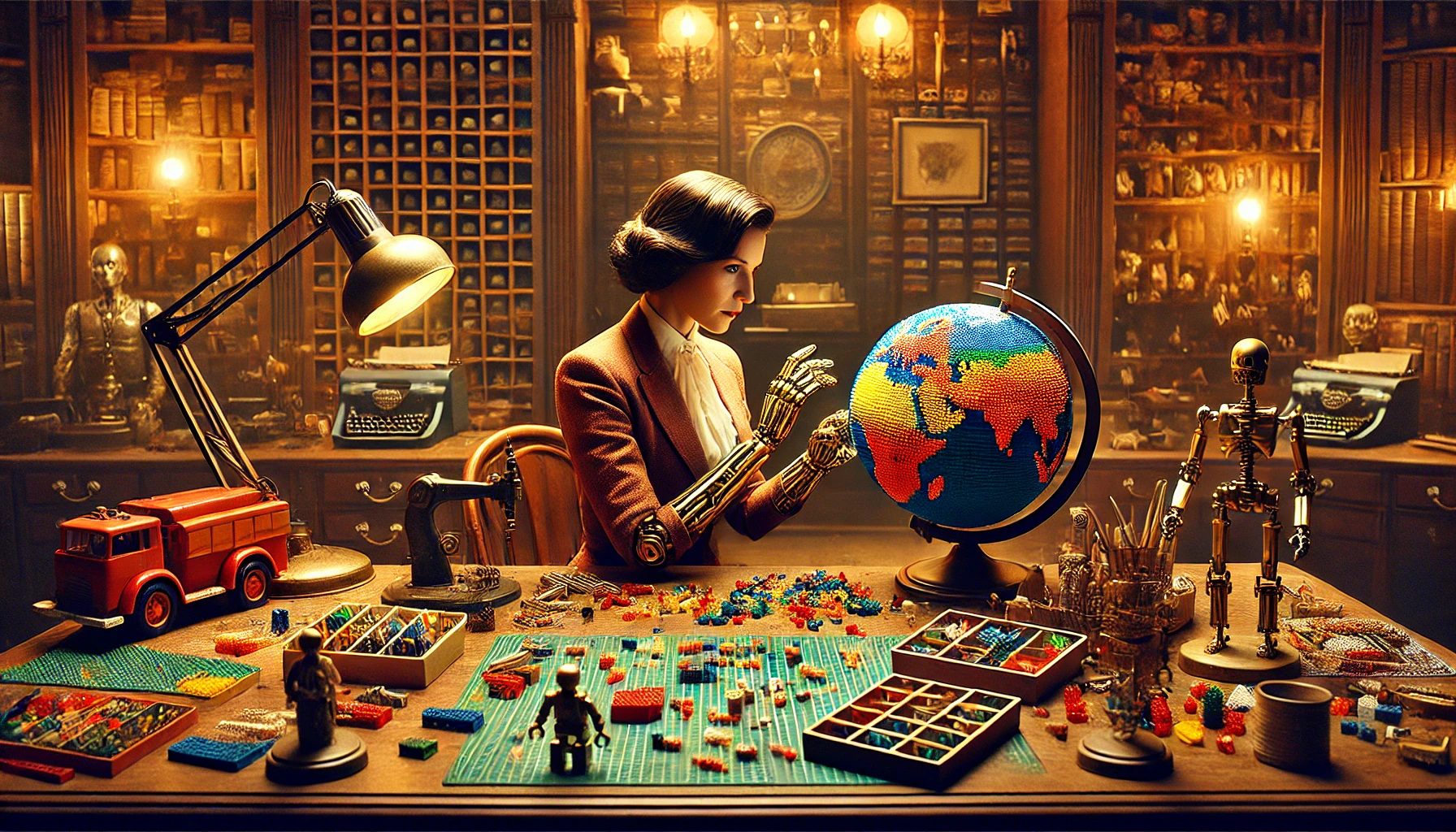 A cyborg sits in an old-fashioned office and tinkers with a model of the earth.