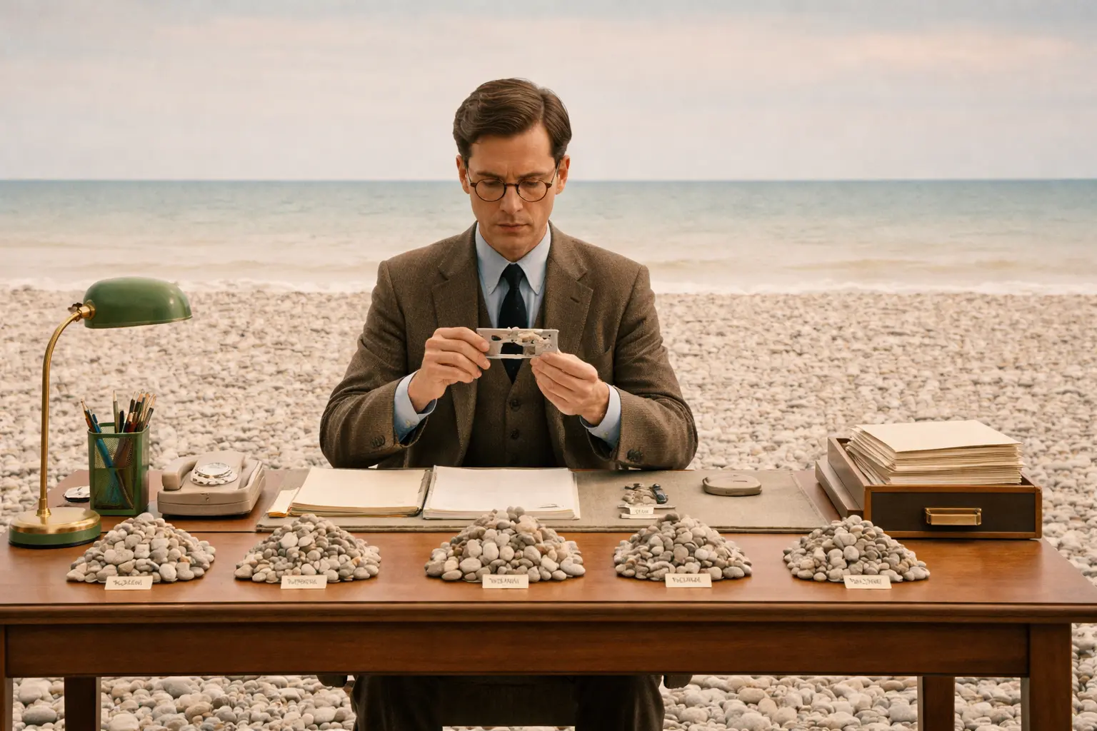 A man in a suit sits behind a desk set up on a pebble beach; he examines a small slide while various office items and labeled piles of stones are neatly arranged in front of him