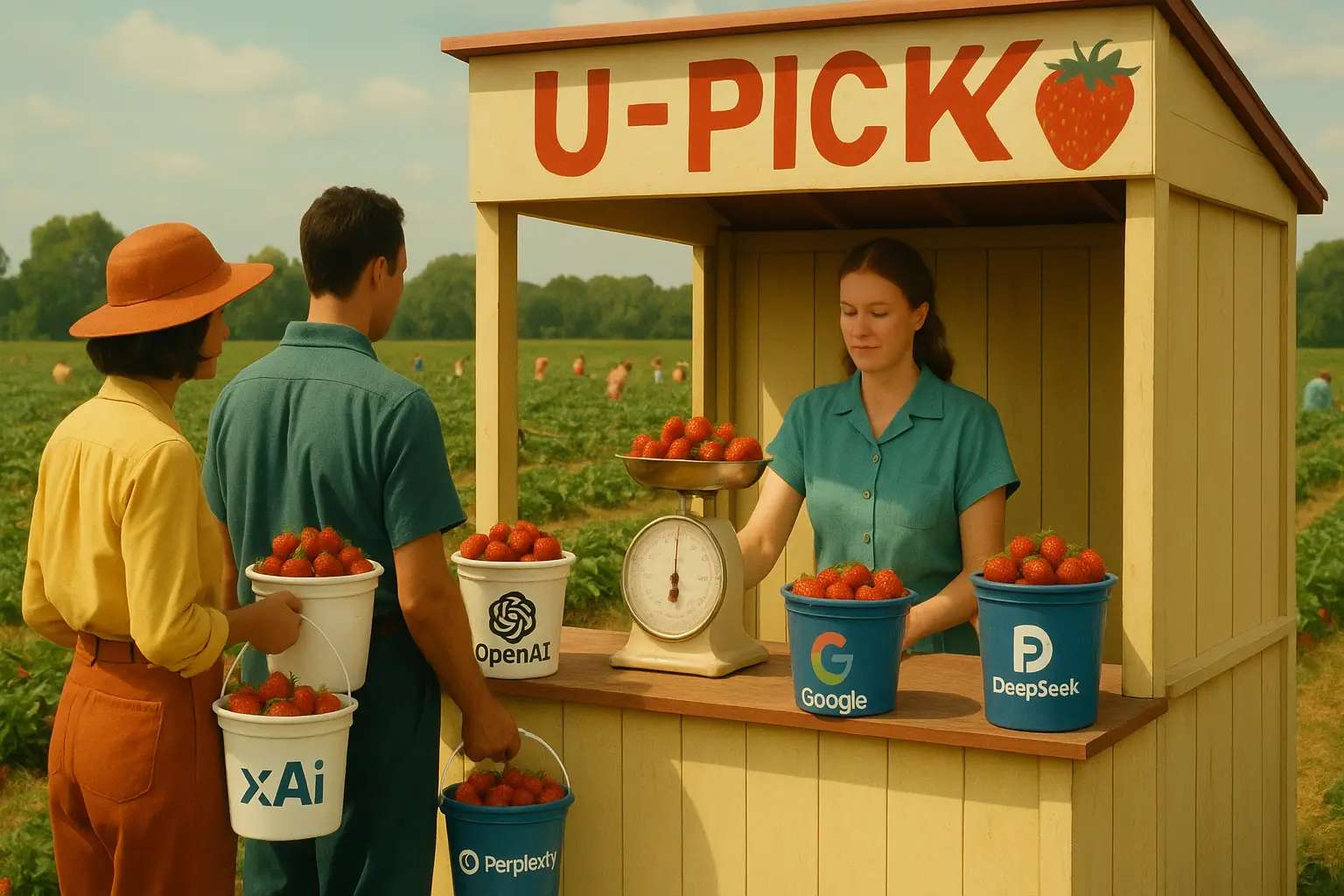At a “U‑PICK” fruit stand in a strawberry field, a vendor weighs strawberries on a scale while two customers holding buckets of berries watch; the buckets display recognizable tech company logos
