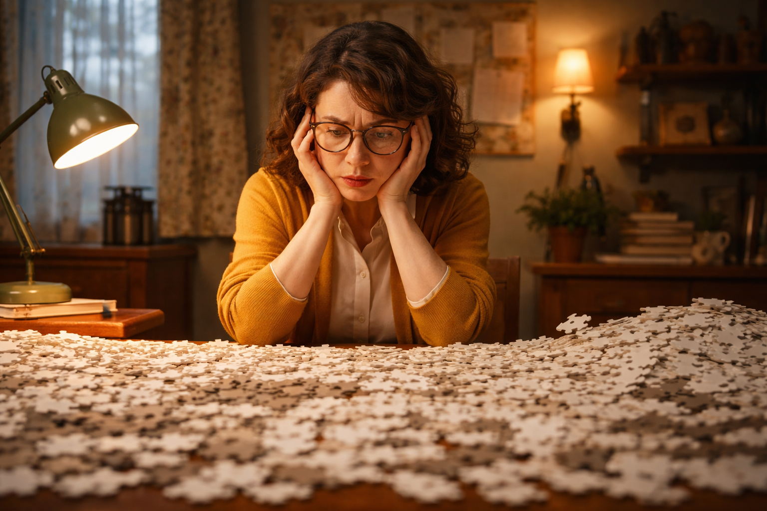 Middle-aged woman facing an impossible task, staring at a table covered with countless identical white puzzle pieces.